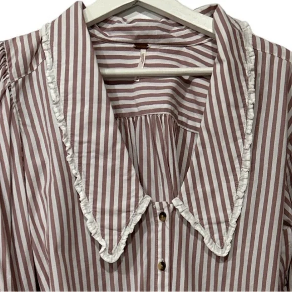 Free People Bexley Cotton Striped Blouse Button Up Puffed Sleeve Lace NEW M - Picture 3 of 15